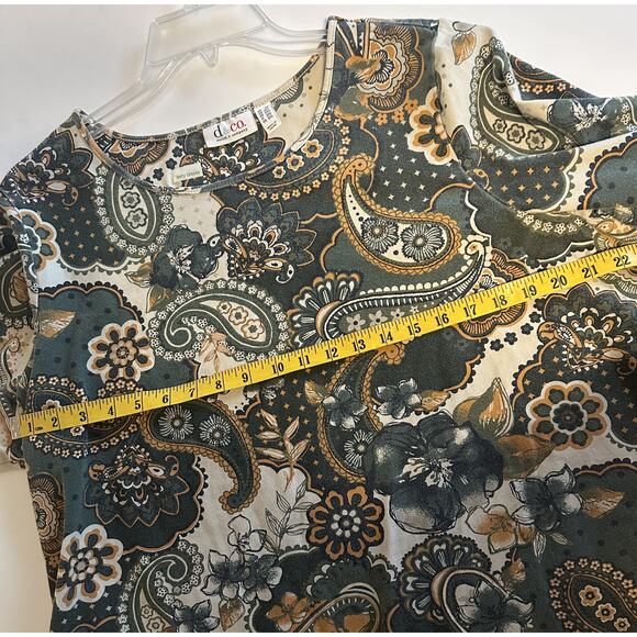 Denim & Co Paisley Floral Tee Womens Size 2X Green 3/4 Sleeve Knit Cotton Top - Picture 7 of 9